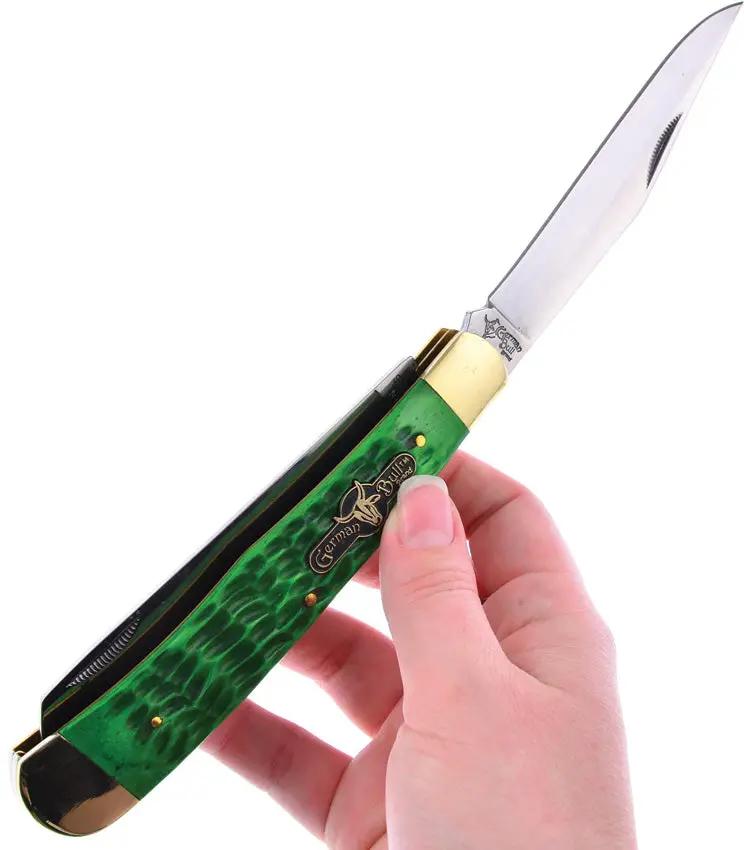 German Bull Int Trapper - Antique Green Jigged Bone Handle With Satin Clip And Spey Blades by German Bull Int