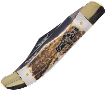German Bull Int Folding Hunter - Polished Stainless Blades Deer Stag Handle Nickel Silver Bolsters by German Bull Int