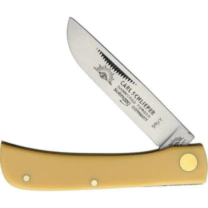 German Eye Clodbuster Jr Knife - Mirror Finish Skinner Blade, 3.75 Inch Closed, Solingen Carbon Steel, Yellow Handle by German Eye