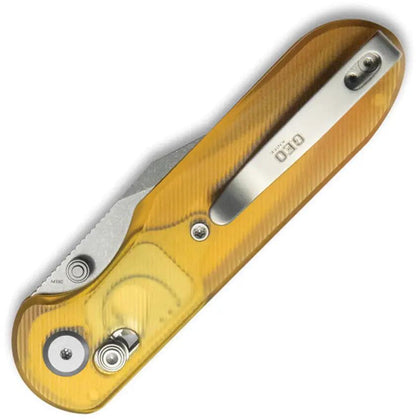 GEO Knife Ethereal Cutter - Axis Lock Ulte GEO2401E with Bohler M390 Stonewashed Clip Point Blade and Amber Ultem Handle by GEO Knife
