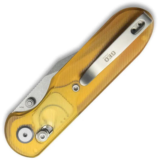 GEO Knife Ethereal Cutter - Axis Lock Ulte GEO2401E with Bohler M390 Stonewashed Clip Point Blade and Amber Ultem Handle by GEO Knife
