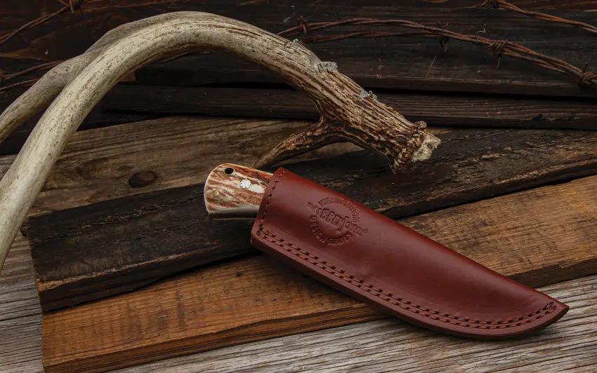 Hibben Diamondback Fixed Blade Knife GH5100GS for Outdoorsmen Satin 7Cr17MoV Blade Stag Handle Full Tang Leather Sheath by Hibben