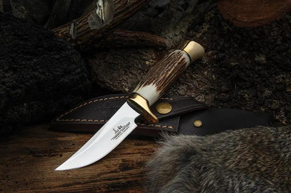 Premium Hibben Whitetail Skinner Knife 4in Stainless Blade Stag Handle Brass Guard for Hunters by Hibben