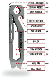 Griffin Adventure Tool GAT-SS - Stainless Steel Pocket Tool with Carabiner, Bottle Opener, Ruler, and Bit Drivers by Griffin Pocket Tool