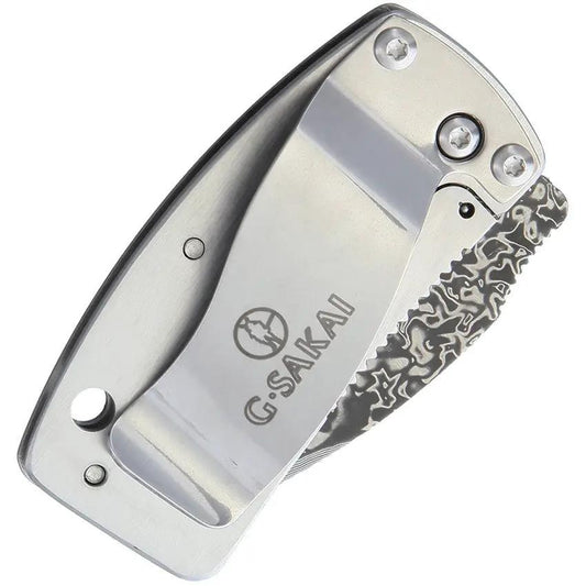 G.Sakai Money Clip Framelock Mt Fuji 11605 - Damascus Steel Drop Point Blade, Textured Mt Fuji Handle by G.Sakai