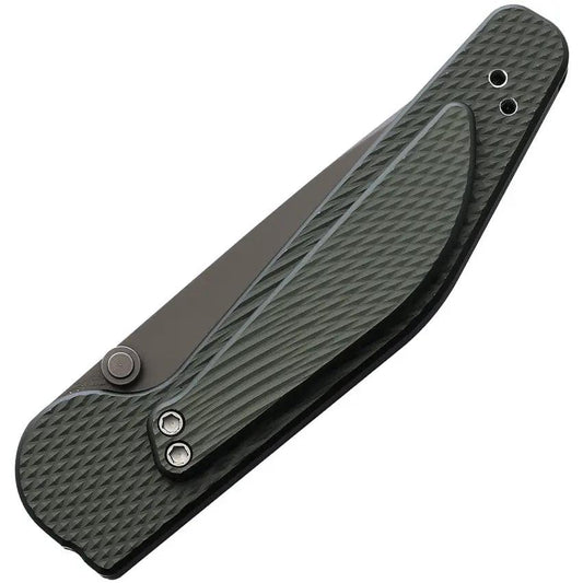 GT Knives Auto Button Lock DP Serrated GT112 - Automatic Opening With Brass Push Button And Green Checkered Handle by GT KNIVES