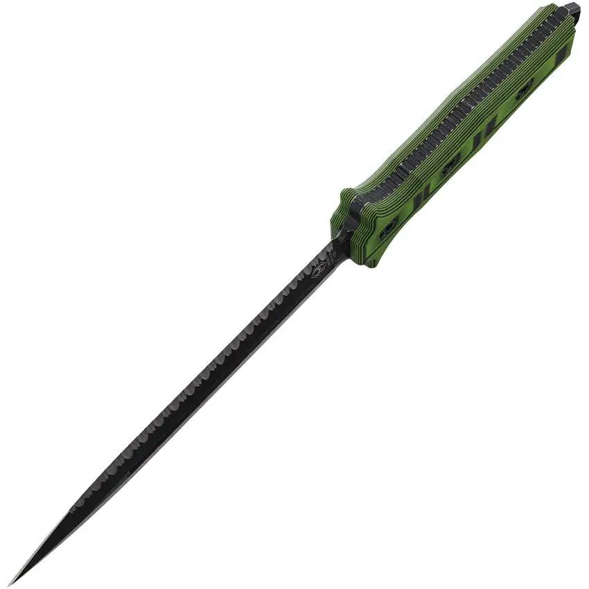 Heretic Knives Nephilim Fixed Blade - Battleworn Elmax Steel, Green and Black G10 Handle, Partial Serrations by Heretic Knives