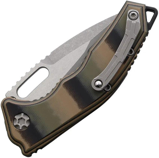 Heretic Knives Auto Medusa Button Lock - Battleworn MagnaCut Tanto Blade, Camo G10 Handle, Assisted Opening by Heretic Knives