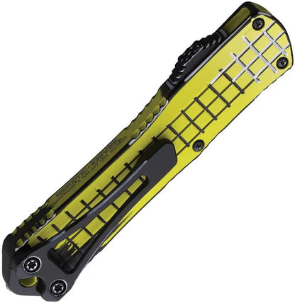 Heretic Knives Auto Manticore S OTF - Yellow Cel Shading MagnaCut Tanto With Grenade Pattern Aluminum Handle by Heretic Knives