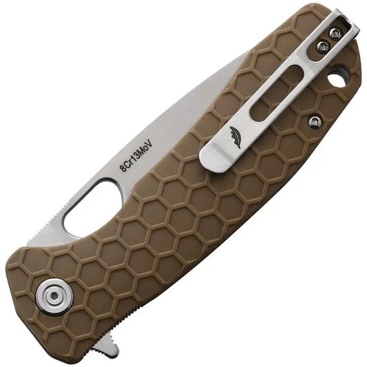 Honey Badger Knives Large Linerlock HB1002 - Durable 8Cr13MoV Satin Drop Point with Tan GRN Handle by Honey Badger Knives