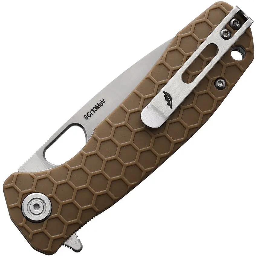 Honey Badger Knives Medium Linerlock HB1012 Satin 8Cr13MoV Drop Point Blade Tan Textured GRN Handle by Honey Badger Knives