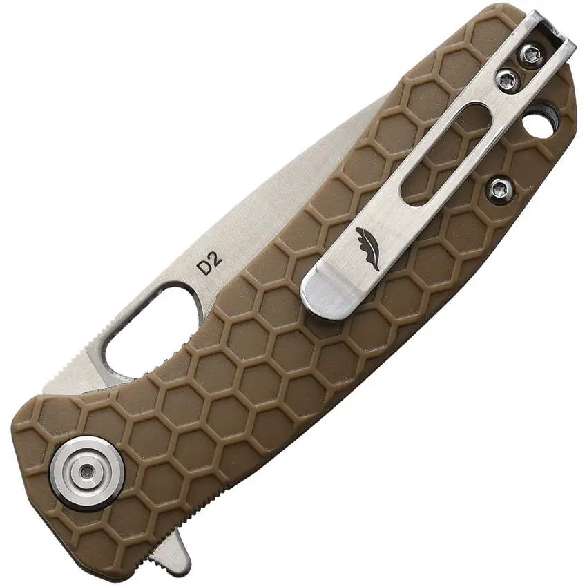 Honey Badger Knives Small Linerlock HB1027 - 2.75in Satin D2 Blade, Tan GRN Handle, Extended Tang, Lanyard Hole by Honey Badger Knives
