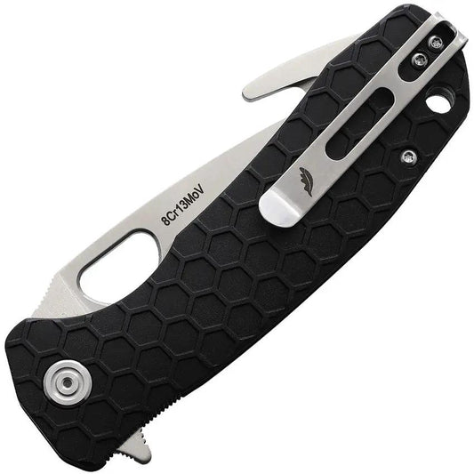 Honey Badger Knives Large Hook Linerlock Black HB1251 - 8Cr13MoV Satin Gut Hook Blade GRN Handle Extended Tang by Honey Badger Knives