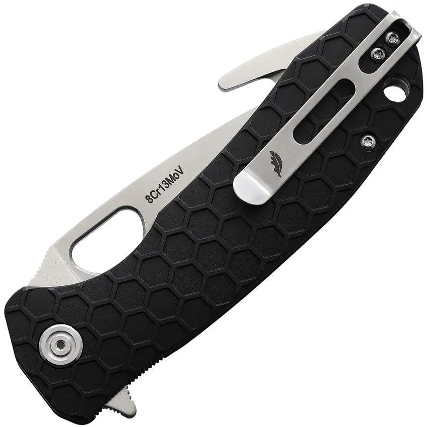 Honey Badger Knives Large Hook Linerlock Black HB1251 - 8Cr13MoV Satin Gut Hook Blade GRN Handle Extended Tang by Honey Badger Knives