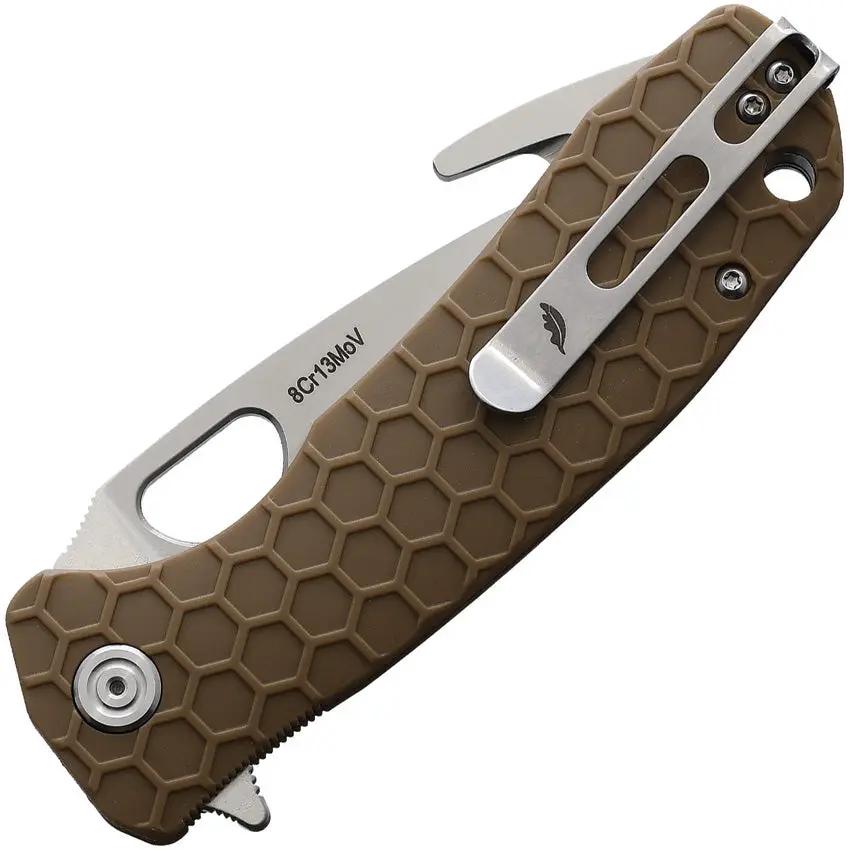 Honey Badger Knives Large Hook Linerlock Tan HB1252 - Satin Guthook Blade With 8Cr13MoV Steel And Tan GRN Handle by Honey Badger Knives