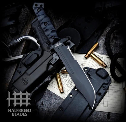 Halfbreed Blades Large Infantry Knife Gen 2 Blk K340 - Sawback Clip Point With Partial Serration And Full Tang by Halfbreed Blades