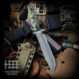 Halfbreed Blades Large Infantry Knife Gen II OD Green Sawback with Teflon Coated Serrated Clip Point Blade by Halfbreed Blades