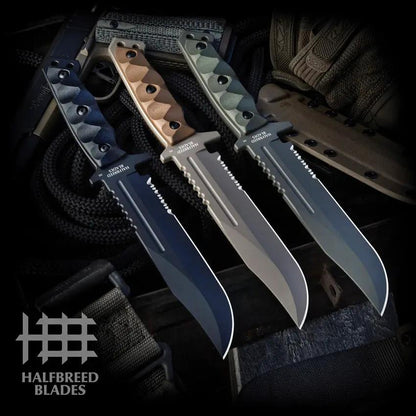 Halfbreed Blades Large Infantry Knife Gen II OD Green Sawback with Teflon Coated Serrated Clip Point Blade by Halfbreed Blades