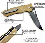 Heibel Knives Blackhawk Linerlock Tan HKBLKBT - D2 Tool Steel Clip Point Blade, 3.5 Inch, Tan G10 Handle, Pocket Clip by Heibel Knives