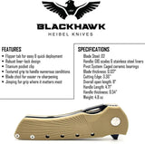 Heibel Knives Blackhawk Linerlock Tan HKBLKBT - D2 Tool Steel Clip Point Blade, 3.5 Inch, Tan G10 Handle, Pocket Clip by Heibel Knives