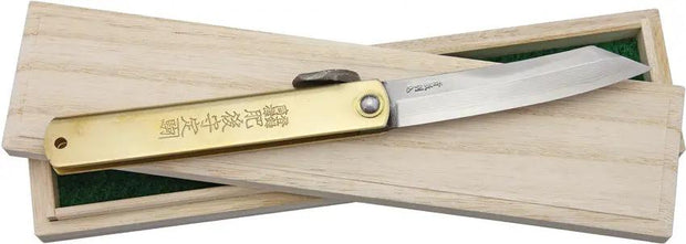 Higonokami Damascus Folder Premium Blue Paper Blade Brass Handle Extended Tang For Knife Enthusiasts Wooden Box by Higonokami