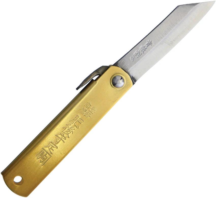 Higonokami Folder Brass 75MM BRASS + BLUE LEATHER CASE by Higonokami