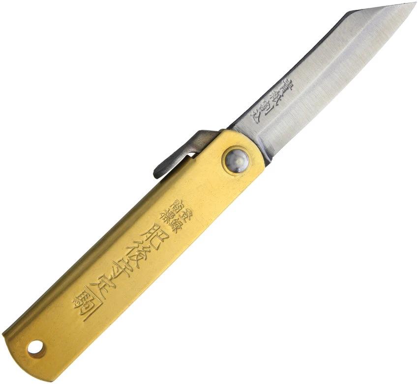 Higonokami Folder Brass Blue Paper Steel 75MM BRASS + RED LEATHER CASE by Higonokami