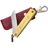 Higonokami Brass Folder Knife Blue Paper Steel 75mm Blade with Burgundy Leather Sheath For Collectors by Higonokami
