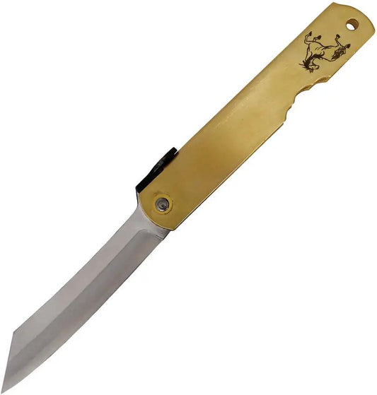 Higonokami Warikomi Folder Knife Blue Paper Steel Blade Premium Brass Handle With Extended Tang Horse Engraved For EDC by Higonokami