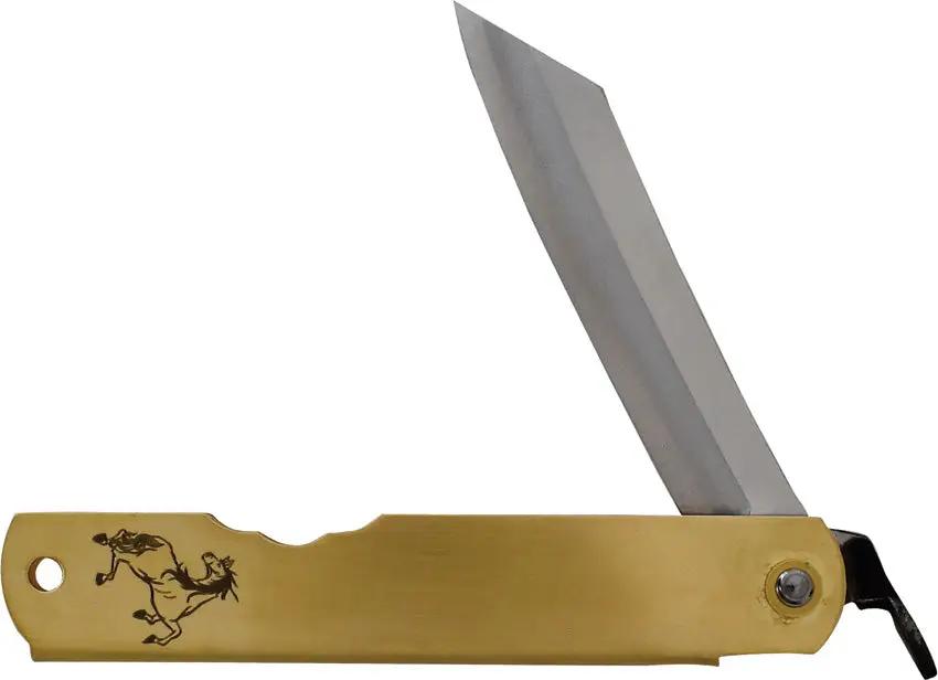 Higonokami Warikomi Folder Knife Blue Paper Steel Blade Premium Brass Handle With Extended Tang Horse Engraved For EDC by Higonokami