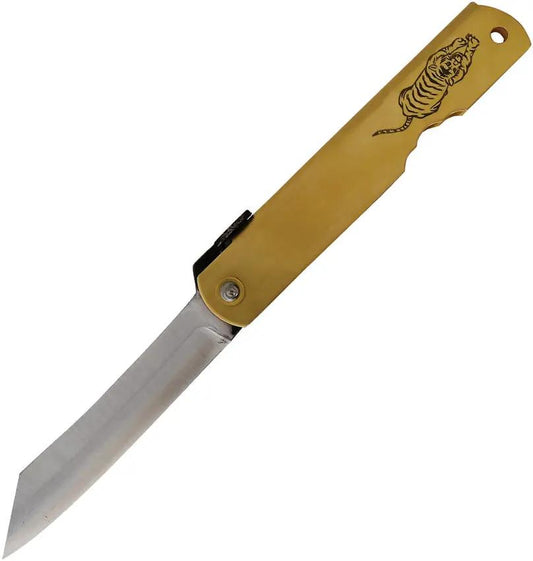 Higonokami Warikomi Folder Tiger Premium Brass Handle Blue Paper Steel Blade for Collectors by Higonokami