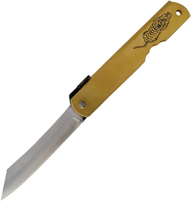 Higonokami Warikomi Folder Tiger Premium Brass Handle Blue Paper Steel Blade for Collectors by Higonokami