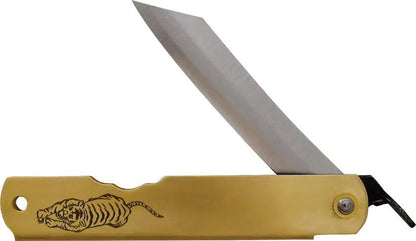 Higonokami Warikomi Folder Tiger Premium Brass Handle Blue Paper Steel Blade for Collectors by Higonokami