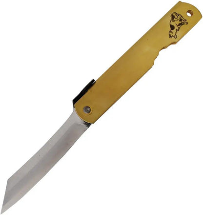 Higonokami Warikomi Folder BL185 Dog Engraved Handle Blue Paper Steel Blade Brass Lanyard Hole EDC by Higonokami