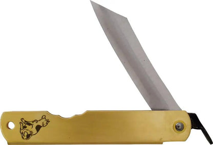 Higonokami Warikomi Folder BL185 Dog Engraved Handle Blue Paper Steel Blade Brass Lanyard Hole EDC by Higonokami