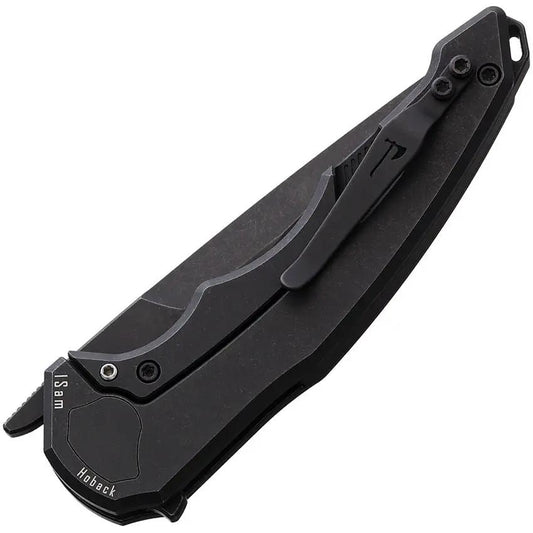 Hoback Knives OneSam Framelock Fishing Knife - Black DLC CPM-20CV Blade Titanium Handle And Fly Fishing Artwork by Hoback Knives