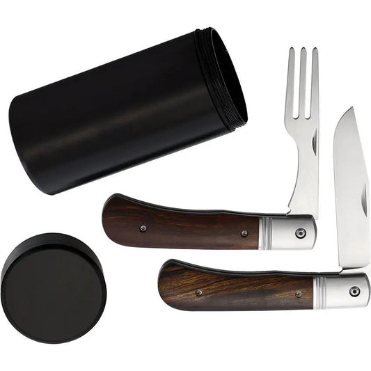 HPA Travel Picnic Set - Stainless Clip Point Knife And Fork With Wood Handles In Metal Tube by HPA