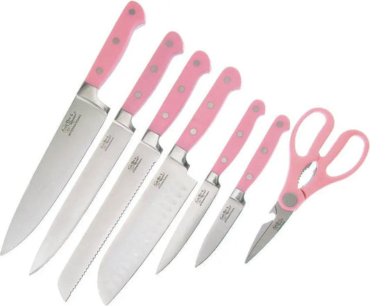 Hen And Rooster Seven Piece Kitchen Set Pink ABS Handles - Stainless Blades Full Tang With Storage Block by Hen & Rooster