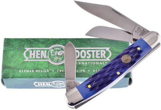 Hen and Rooster Int Stockman Blue Pick Bone Handle - 4 Inch Closed With Satin 1.4116 Stainless Clip Blades by Hen & Rooster Int