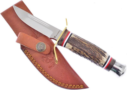 Hen And Rooster Fixed Blade Deer Stag Knife - Satin 3.5 Inch Blade With Deer Stag Handle And Leather Belt Sheath by Hen & Rooster Int