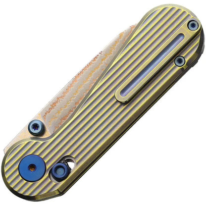 HIGHTRON Edgeplay Axis Lock Gold HT01GLD - Copper Damascus Steel Blade With Blue And Gold Sculpted Titanium Handle by HIGHTRON