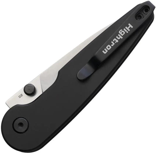 Hightron Birdidi Button Lock Black HK06BLKS - Satin D2 Blade, 4 Inch Closed, Black Anodized Aluminum Pocket Clip by HIGHTRON
