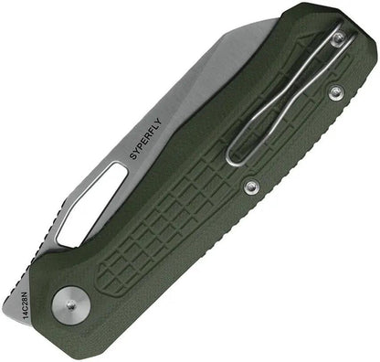 Ironfly Syperfly Linerlock Knife - Army Green G10 Handle, Satin 14C28N Blade 4.88in Closed by Ironfly