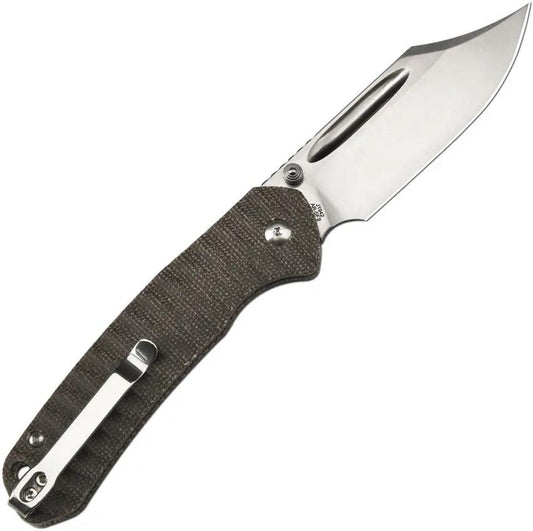 CJRB Bowie Pyrite Button Lock Knife OD Green Canvas Micarta Handle 4.25in Closed Premium EDC by CJRB