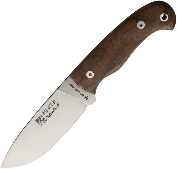 Joker Montes II Outdoor Fixed Blade Knife CN58 4.25in Satin Blade Full Tang Walnut Handle Lanyard Hole for Outdoorsmen by Joker