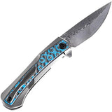 Kansept Knives Kratos Framelock Blue Rose - Damascus Blade and Gray Titanium Handle with Blue Carbon Fiber Inlay by Kansept Knives