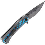 Kansept Knives Kratos Framelock Blue Rose - Damascus Blade and Gray Titanium Handle with Blue Carbon Fiber Inlay by Kansept Knives
