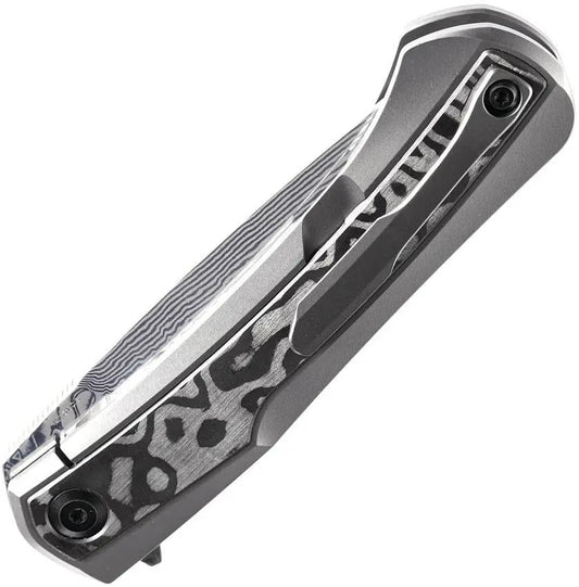 Kansept Knives Kratos Framelock - Damascus Blade, Gray Titanium Handle With Black Rose Carbon Fiber Inlay, 5 Inch Closed by Kansept Knives