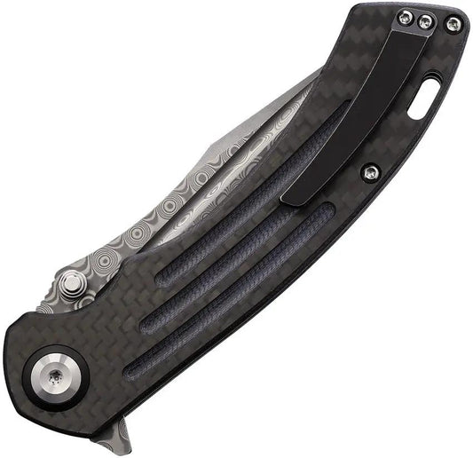 Kansept Knives Pretatout Framelock Dam CF - Damascus Tanto Blade Extended Tang Carbon Fiber And G10 Handle by Kansept Knives
