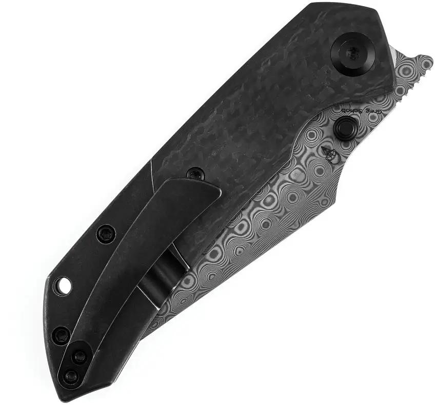 Kansept Knives Fenrir Crossbar Lock Twill CF - Damascus Wharncliffe Blade With BlackWash Finish by Kansept Knives